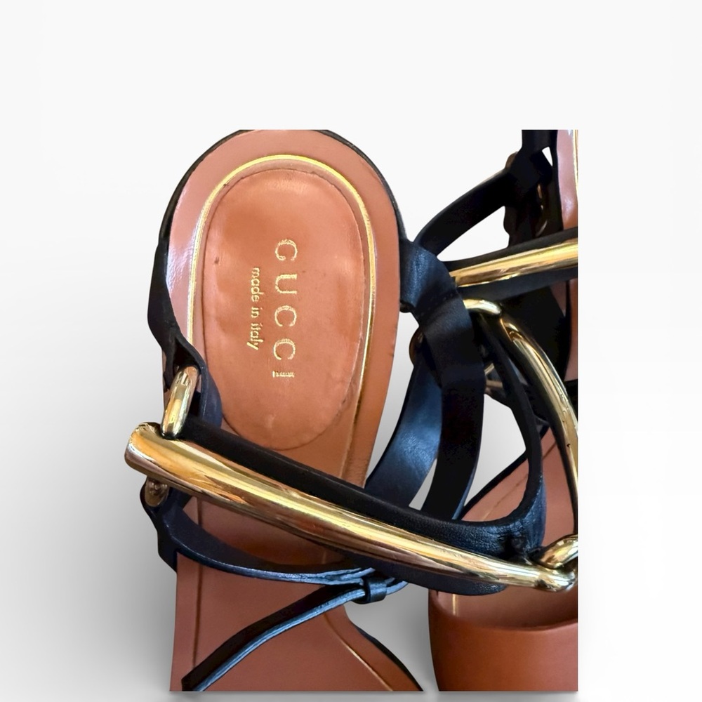 Gucci Horsebit Accent Leather Block Heel Sandals - Black & Cognac EU 38.5 US 8.5 - Picture 8 of 15